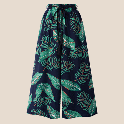 Tropical Leaf Print Drawstring Pants