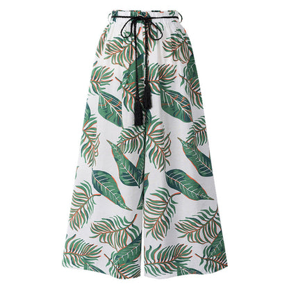Tropical Leaf Print Drawstring Pants